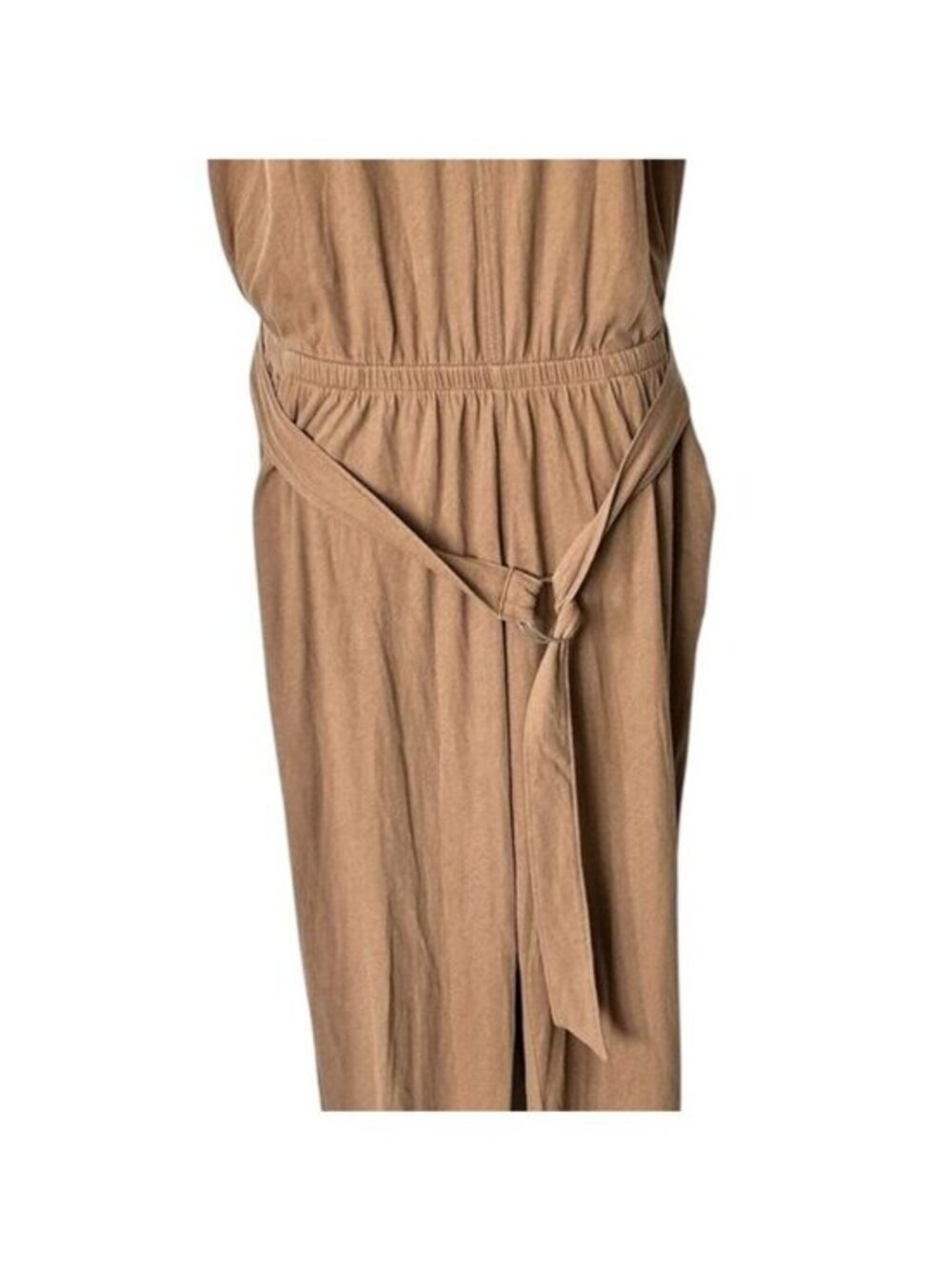 Relaxed V-Neck Camel Jumpsuit with Tie Waist - Picture 10 of 10